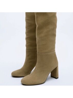 Zara Tan Suede Tall Block Heel Boots EU 39 US 8/8.5